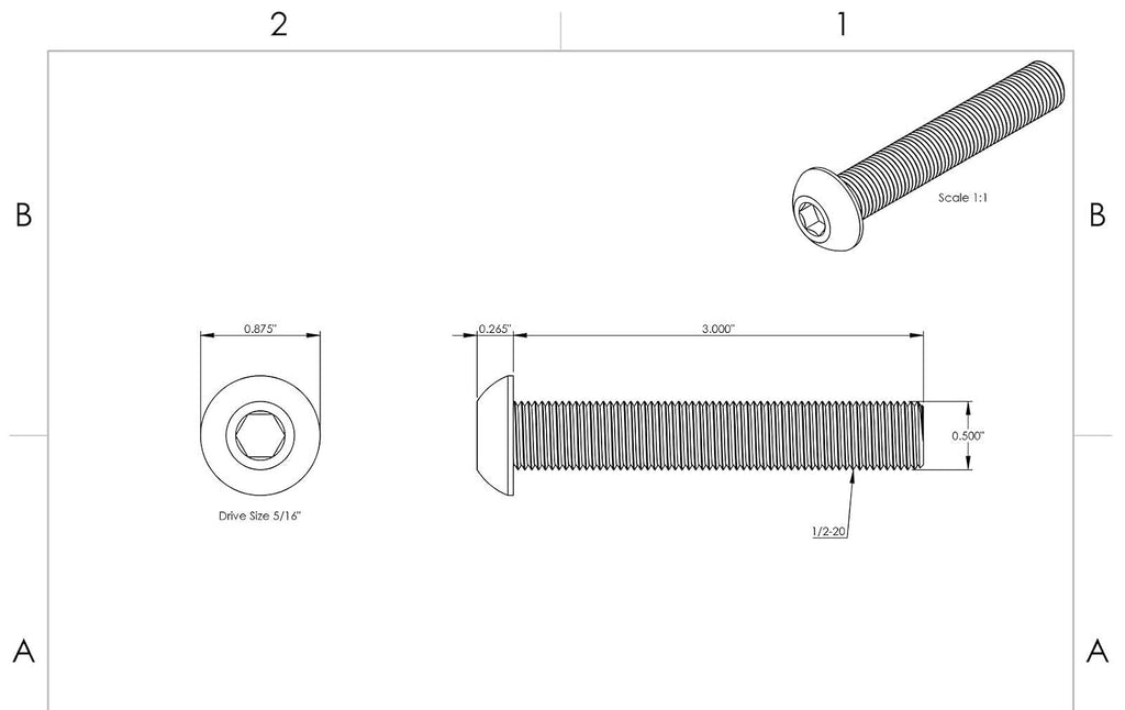 1/2-20 x 3' - Button Head Socket Cap Screws Black Oxide Alloy Steel 25 Pcs Socket Head Screws B2B
