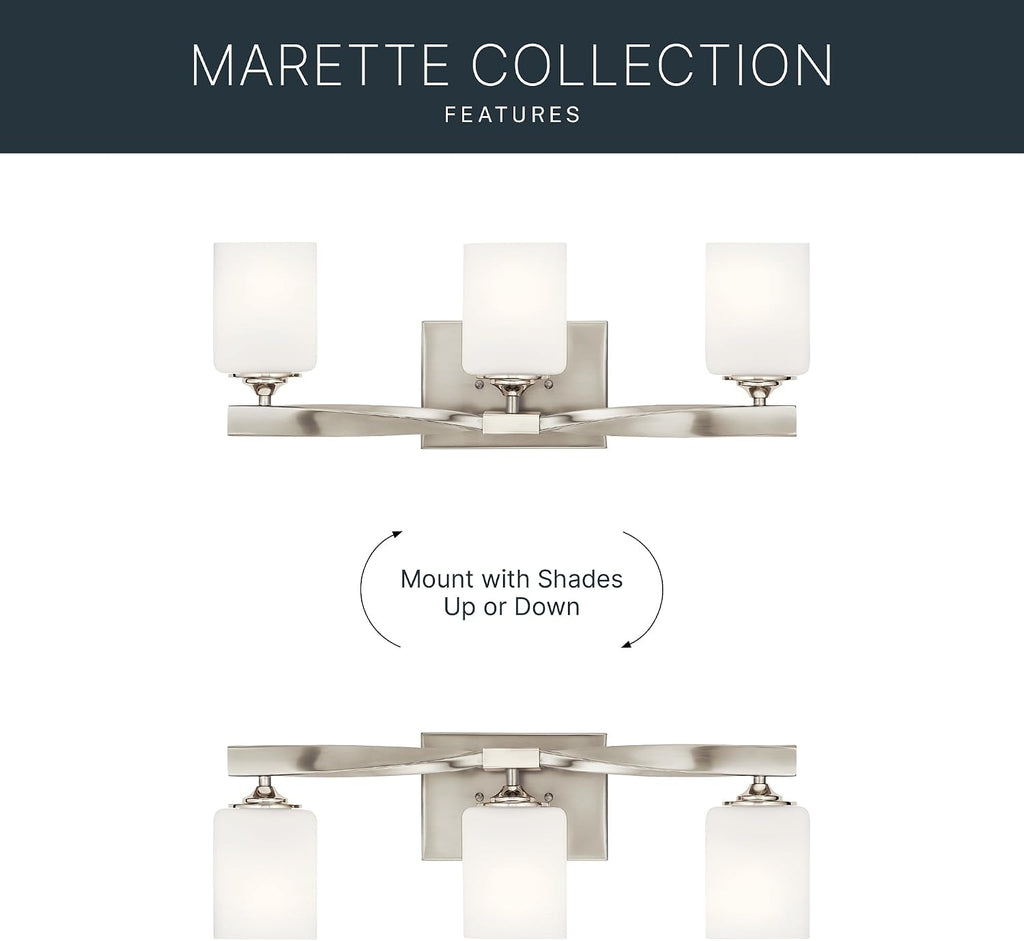 Kichler Marette 22.75' Vanity Light in Brushed Nickel, 3-Light Modern Bathroom Light with Satin Etched Cased Opal Glass, (22.75' W x 8' H), 55002NI