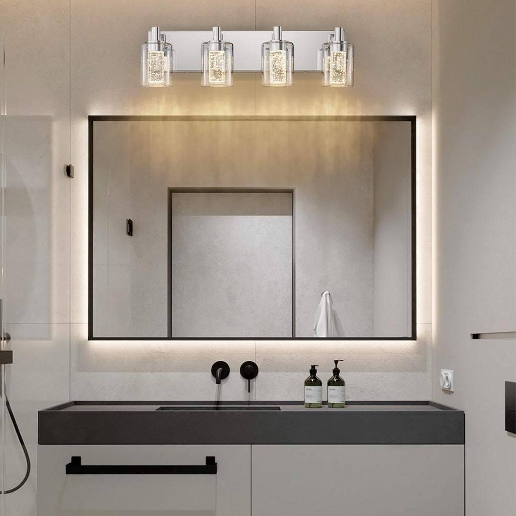 SineRise Vanity Light with 3 Color Modes (3000K/4000K/6000K), Eye Protection LED Bathroom Light Fixture, Dimmable Modern Wall Light Over Mirror with Clear Glass Shade (Chrome, 4-Light)
