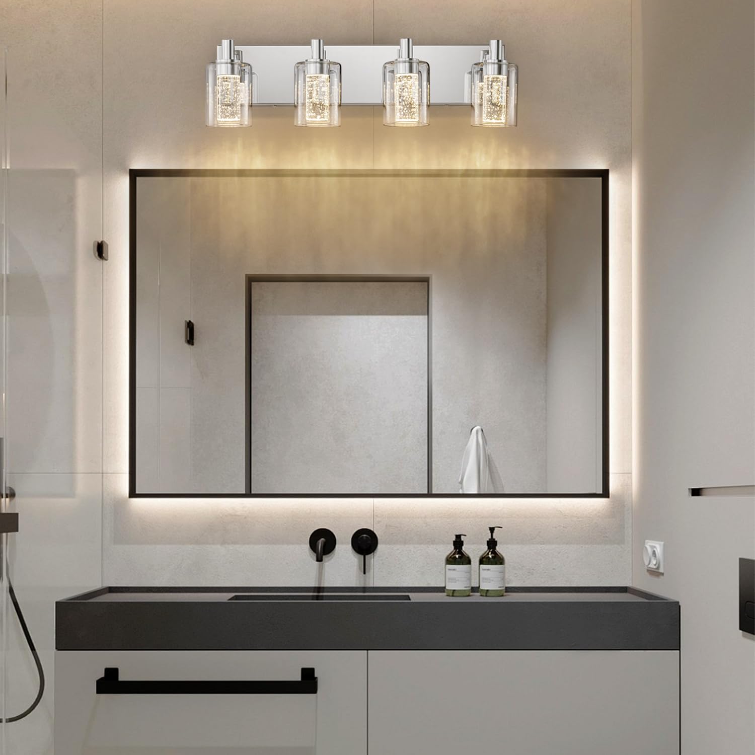 SineRise Vanity Light with 3 Color Modes (3000K/4000K/6000K), Eye Protection LED Bathroom Light Fixture, Dimmable Modern Wall Light Over Mirror with Clear Glass Shade (Chrome, 4-Light)