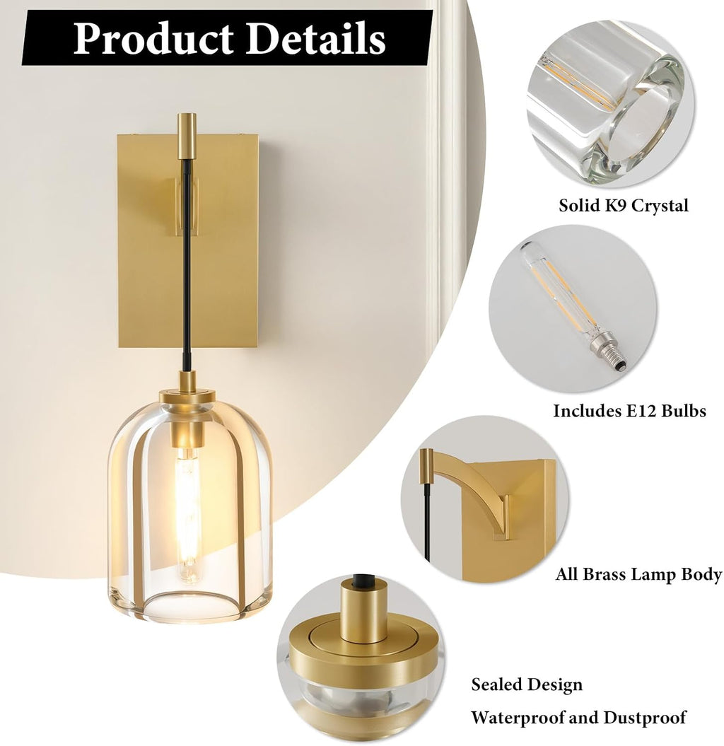 Crystal Brass Hemisphere Wall Sconce - Gold Brushed Dimmable Sconces with Bulbs - Modern Hanging Light Decor - Luxury Indoor Lighting Fixture for Bedroom Living Room Bathroom Vanity Hallway