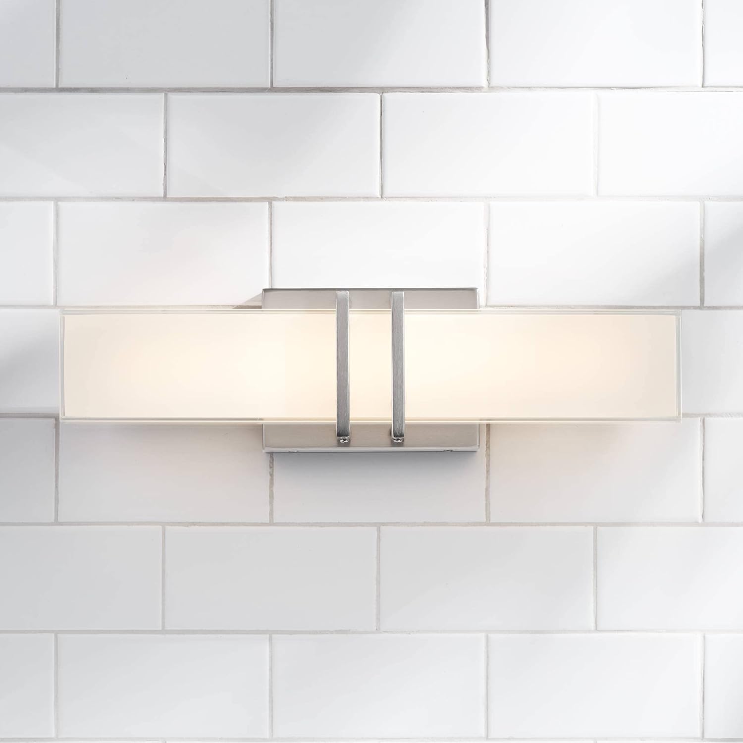 Possini Euro Design Exeter Modern Art Deco Wall Mount Light LED Brushed Nickel Silver Metal 17' Wide Vanity Fixture Rectangular Silk Screened Glass Shade Decor for Bathroom Over Mirror House Home