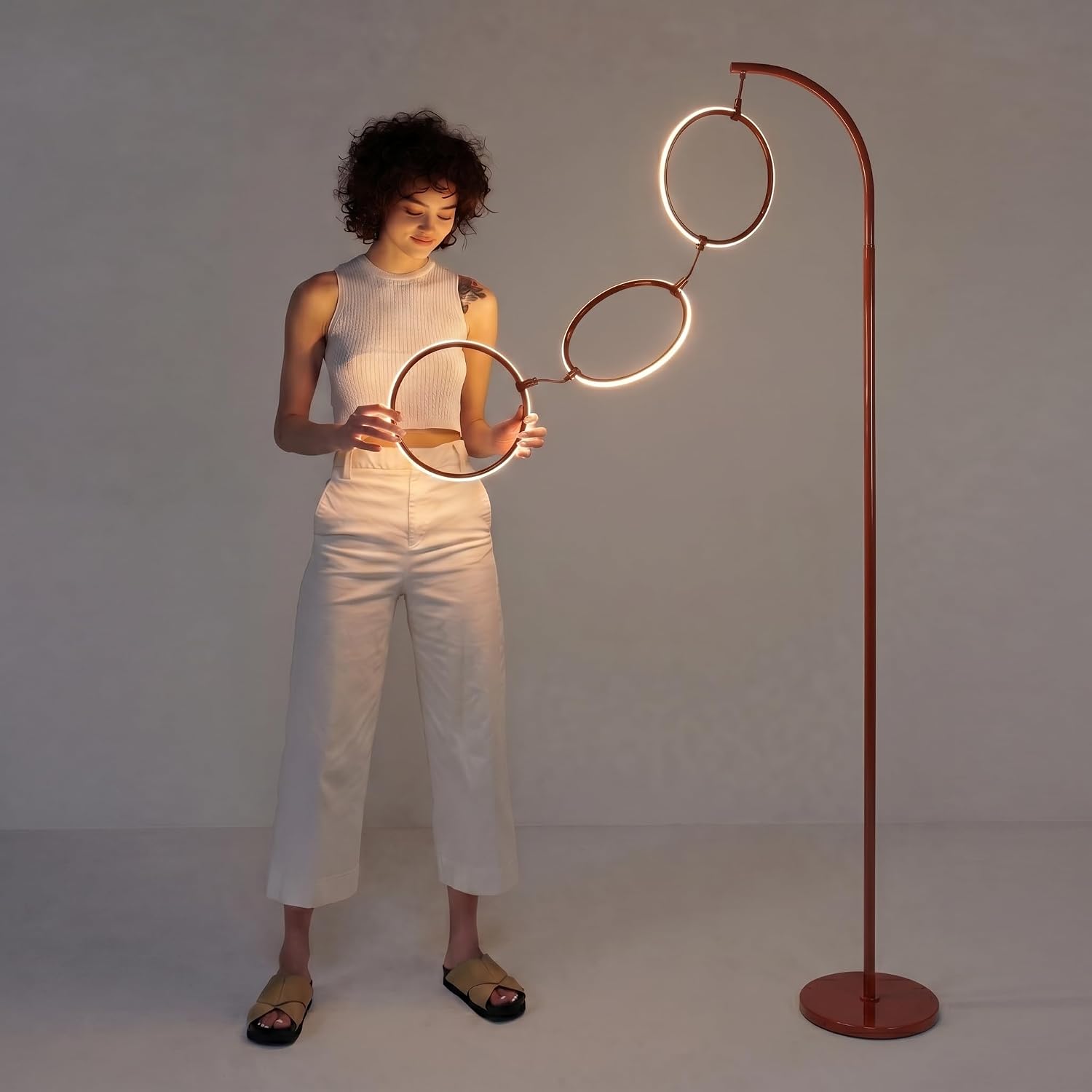 Brightech Nova Modern Floor Lamp - Contemporary Arc Tall Lamp with 3-Circle Ring-Style Pendant - Over the Couch Standing Lamp on Arching Pole - Eclectic Tall Lamp Matches Living Room Décor - Red