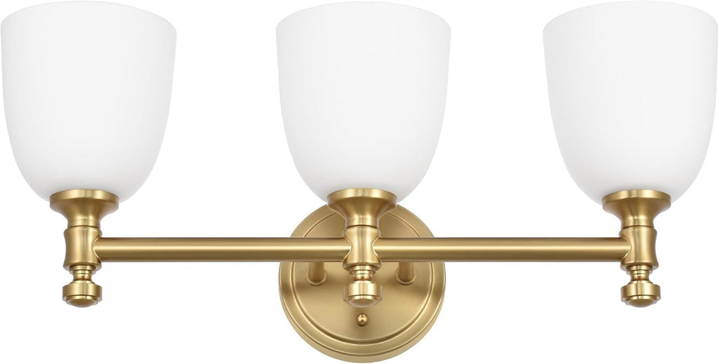 Gold Bathroom Vanity Light, 3-Light Bathroom Light Fixtures Over Mirror, Traditional Vanity Lights for Living Room, Milk White Bell Glass Shades, Standard E26 Base, Aged Brass