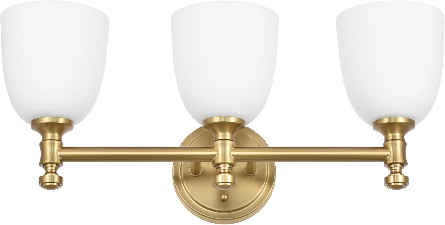 Gold Bathroom Vanity Light, 3-Light Bathroom Light Fixtures Over Mirror, Traditional Vanity Lights for Living Room, Milk White Bell Glass Shades, Standard E26 Base, Aged Brass