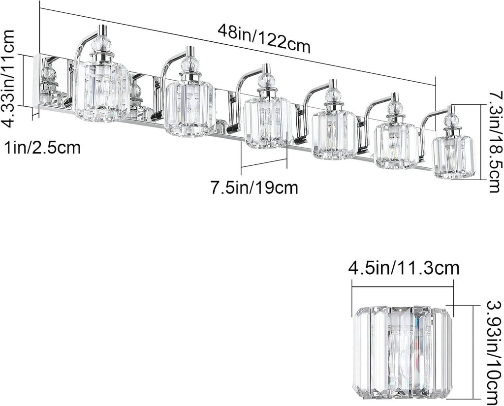 Ralbay Crystal Vanity Lights 6 Light 48' Modern Crystal Bathroom Lights Fixtures Over Long Mirror Stainless Steel Chrome Vanity Light for Bathroom Wall Lights Fixtures