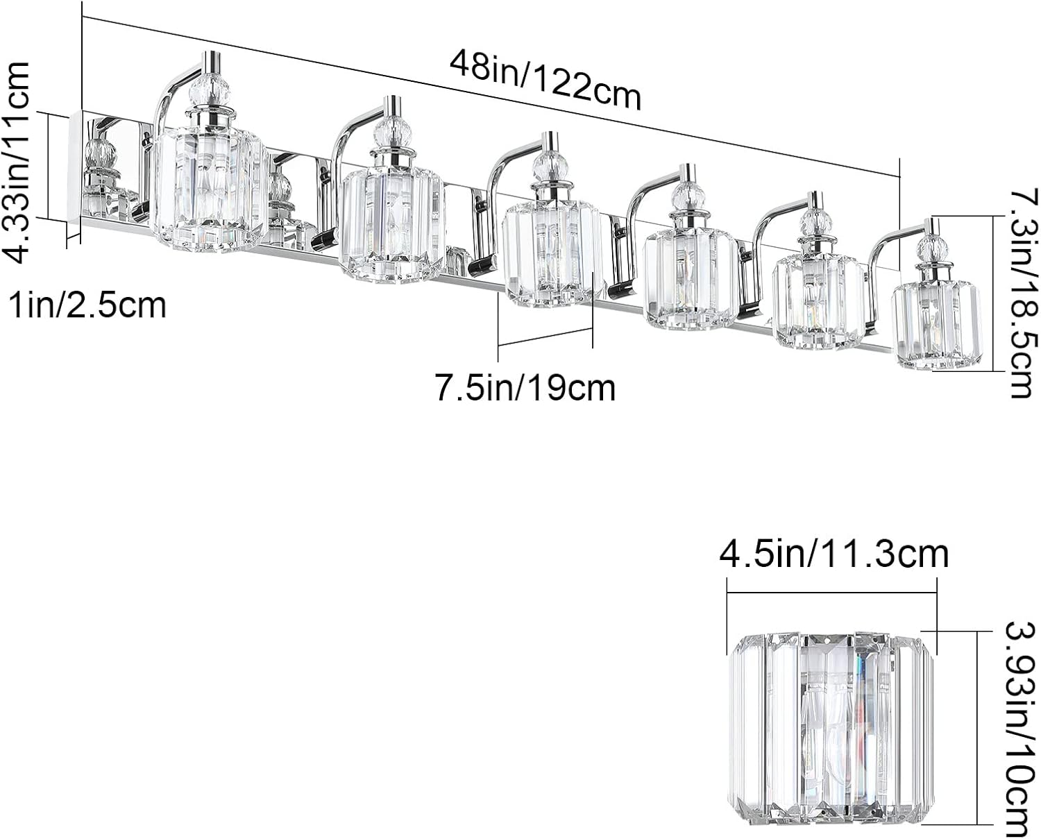 Ralbay Crystal Vanity Lights 6 Light 48' Modern Crystal Bathroom Lights Fixtures Over Long Mirror Stainless Steel Chrome Vanity Light for Bathroom Wall Lights Fixtures
