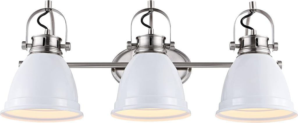 JONATHAN Y 25.5' White/Nickel 3-Light LED Vanity Light, Adjustable Wall Sconce for Bathroom Mirror, Farmhouse Bohemian Kitchen Light, Iron Black Bell Shade (JYL1116B)