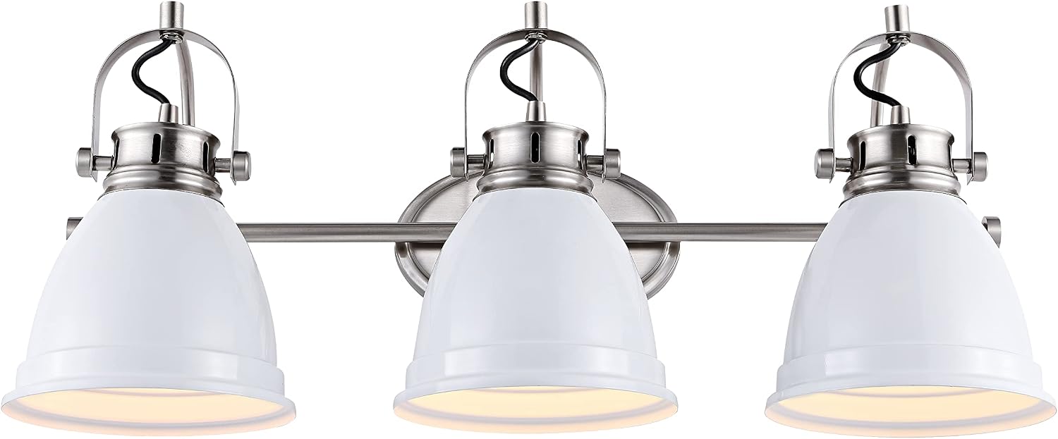 JONATHAN Y 25.5' White/Nickel 3-Light LED Vanity Light, Adjustable Wall Sconce for Bathroom Mirror, Farmhouse Bohemian Kitchen Light, Iron Black Bell Shade (JYL1116B)