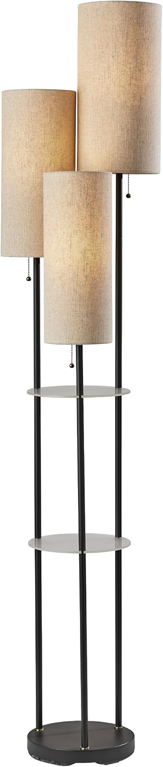 Adesso Trio Floor Lamp with Three Pull Chain Lights and Two-Tier Storage, Black Base, Brown Textured Fabric Shades, 68' Tall, Enhances Room Decor and Lighting