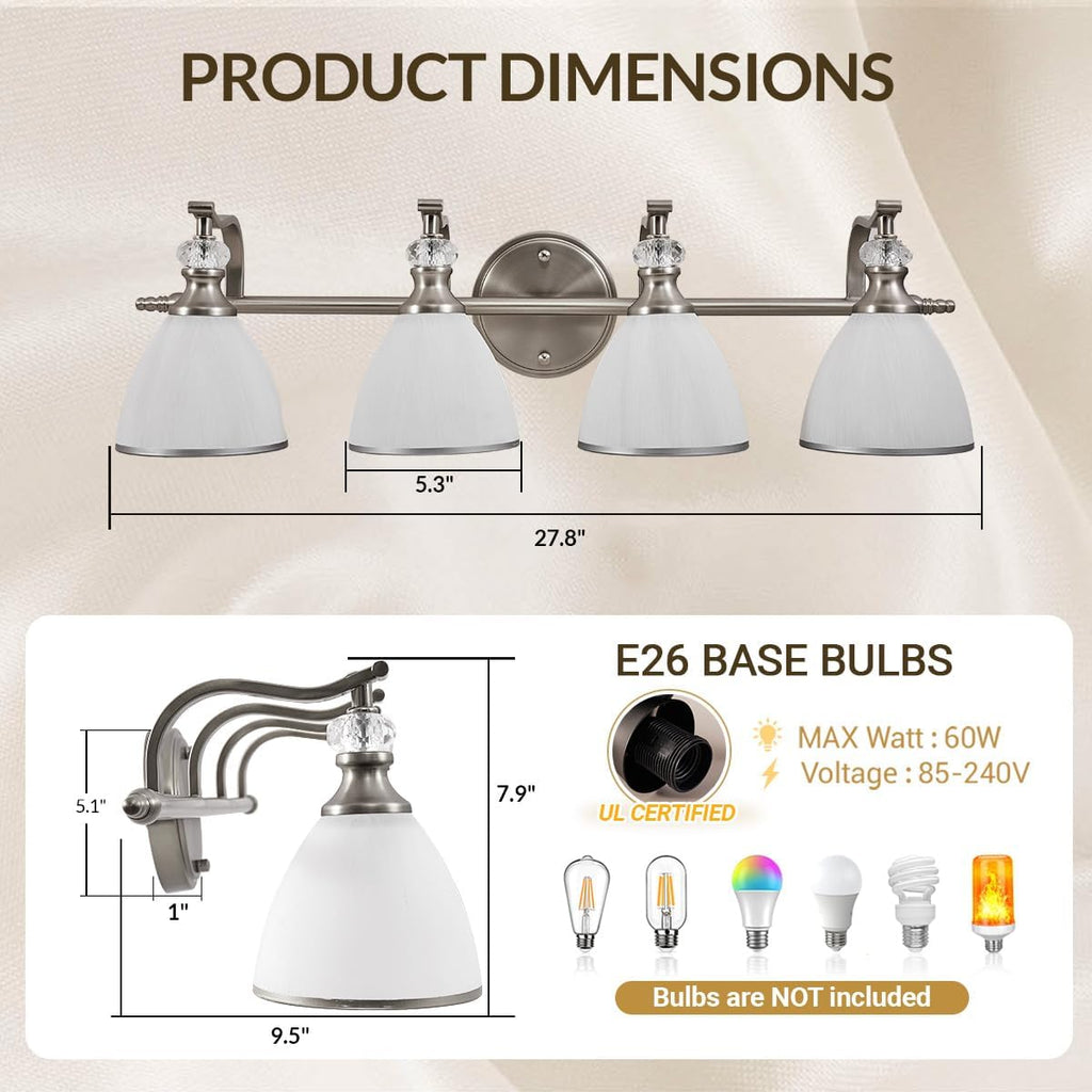 ANDY STAR Bathroom Light Fixtures Over Mirror, 4-Light Brushed Nickel Vanity Lights for Bathroom, 27.8 Inch Vintage Wall Sconce with Milk White Bell Glass Shades, Rustproof Silver Finish, E26 Base