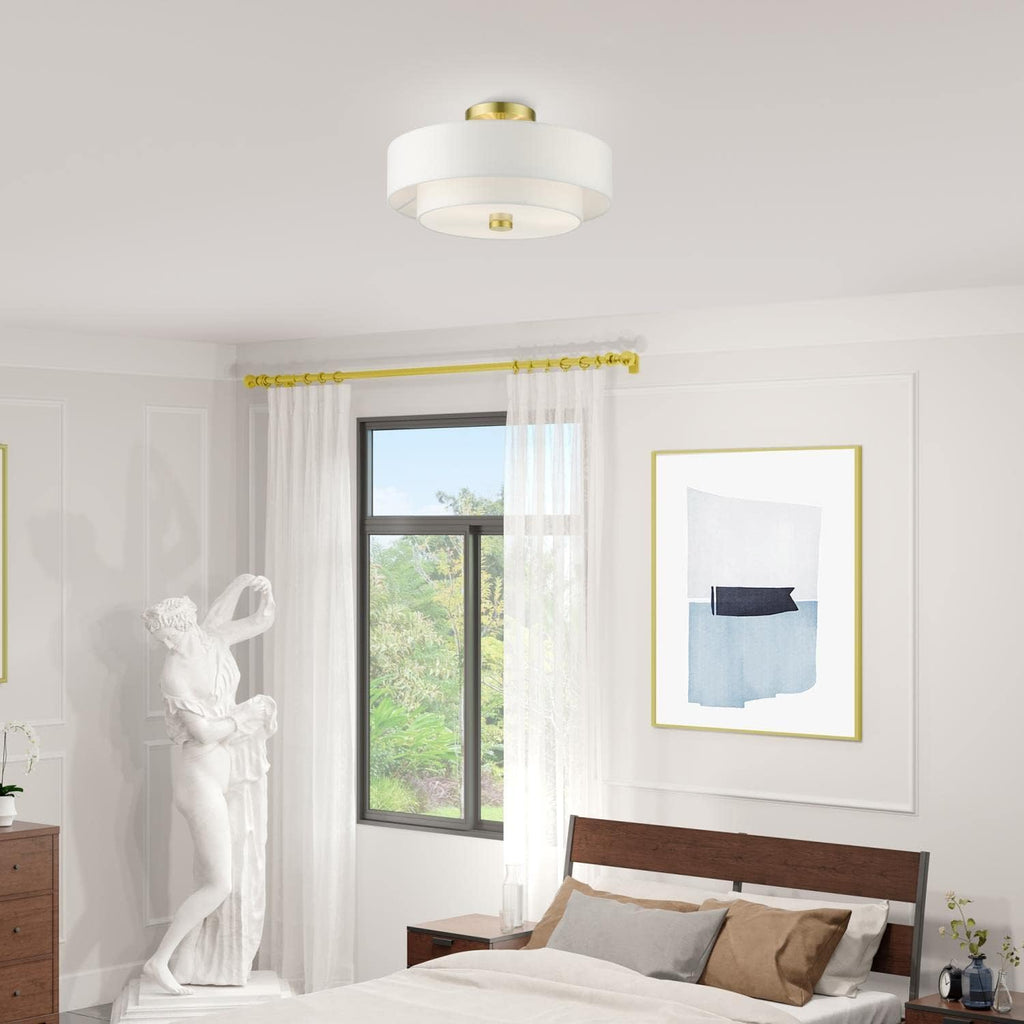Livex Lighting 51044-12 Meridian Collection 3-Light Semi Flush Mount Ceiling Light with Off-White Hardback Fabric Shade, Satin Brass 15 x 15 x 8.25