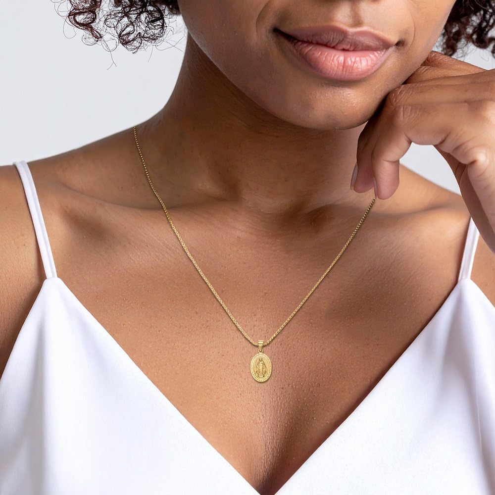 IceCarats 14K Solid Yellow Gold Medium Our Lady of Grace Miraculous Medal, Virgin Mary Pendant Necklace 21.5mm 7/8 inch Polished, Satin For Her