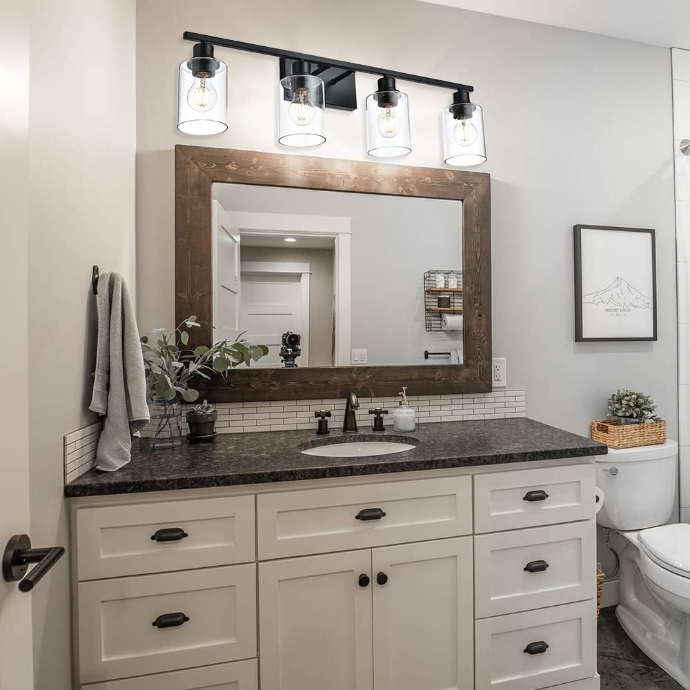 4-Light Modern Bathroom Lighting Fixtures, 31' Matte Black Bathroom Vanity Lights with Clear Glass Shade, Anti-Rust Farmhouse Wall Sconces for Bedroom Cabinet Kitchen E26 Socket (Bulbs Not Included)