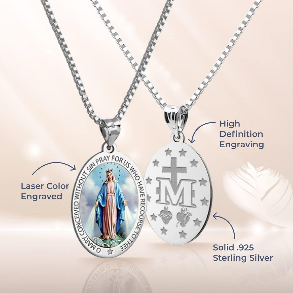 PicturesOnGold.com Miraculous Medal Oval Pendant in 10K/14K Yellow or White Gold & Sterling Silver - Unisex Christian Virgin Mary Pendant - Perfect for First Communion or Confirmation Gifts