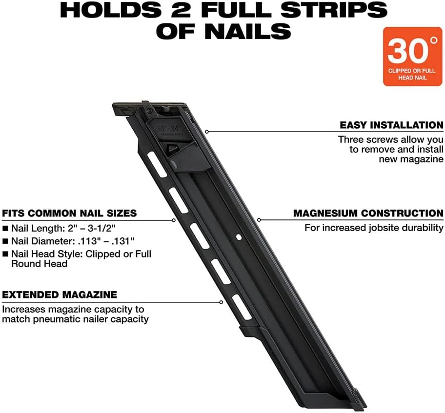 Suitable For Milwaukee 48-08-2745 M18 FUEL 30 Degree Framing Nailer Extended Magazine,Length 20 in Width 2 in Height 3.5 in Weight 1.4 lbs