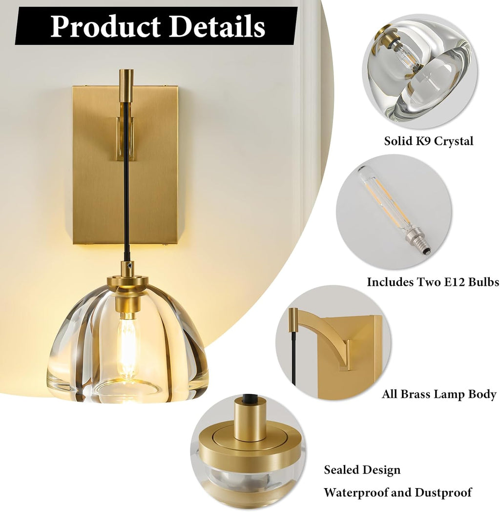 Crystal Brass Dome Wall Sconce - Luxury Brushed Lighting Fixture with K9 Crystals Cloche - Set of 2 Modern Gold Sconces - Dimmable Indoor Hanging Light for Bathroom Bedroom Living Room Stair Hallway