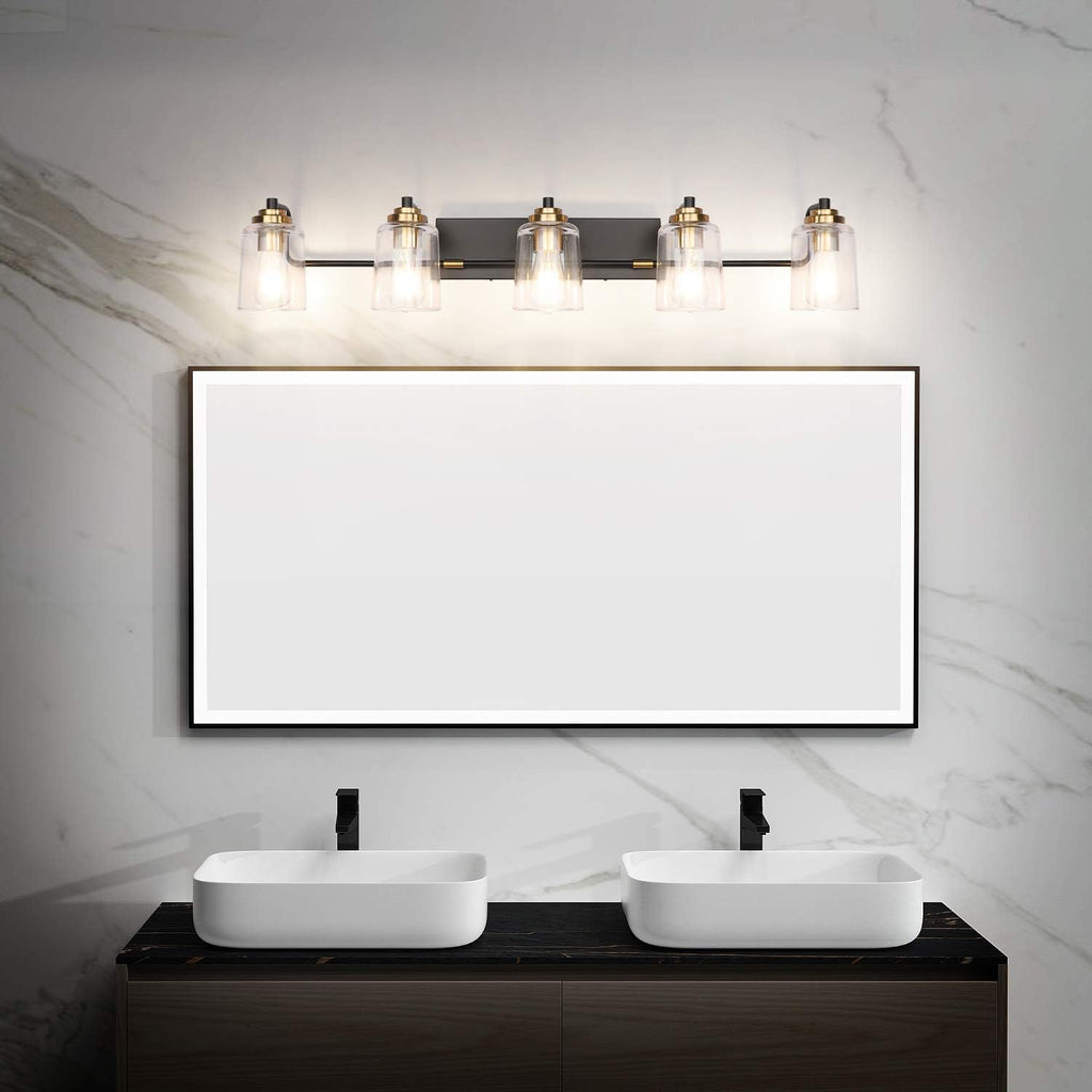 SOLFART Vintage Vanity Lights for Bathroom 5 Light Bathroom Vanity Light Black Metal with Clear Glass Brass Fixtures Wall Mount Lighting Wall Sconce