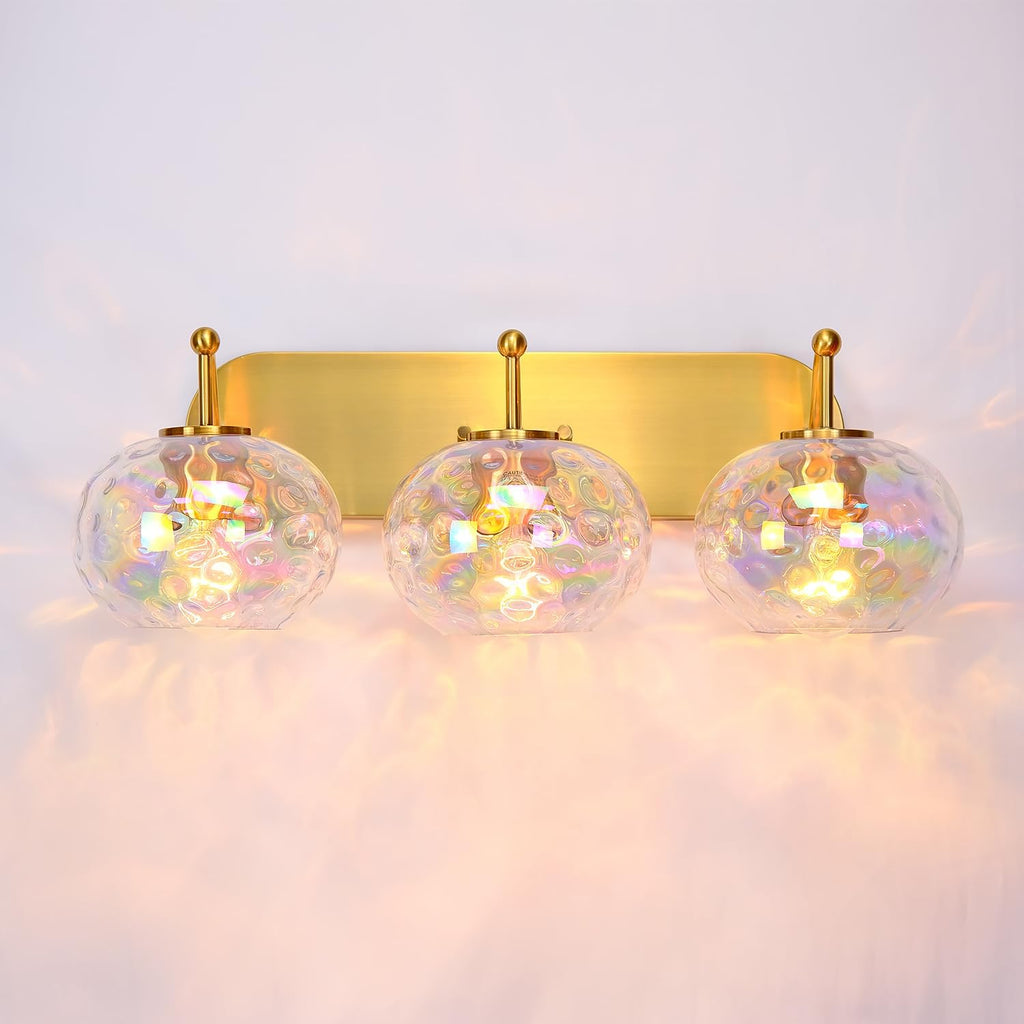 23' Brushed Gold Vanity Light Stained Hammered Glass Wall Sconce 3-Light Brass Wall Lamp for Hallway Living Room Stairwell Bathroom Over Mirror (Brass Gold, 3-Light)