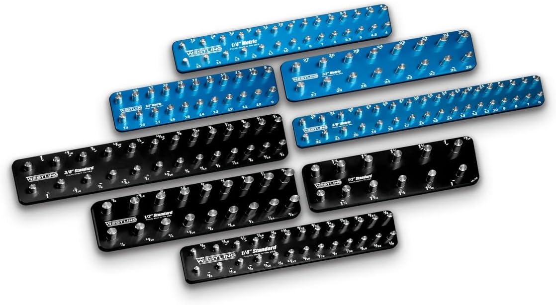 Westling USA Premium Aluminum Starter 8 Piece Socket Tray/Organizer Set, Holds 152 Standard and Metric Sockets (Black/Blue, 2 Row)