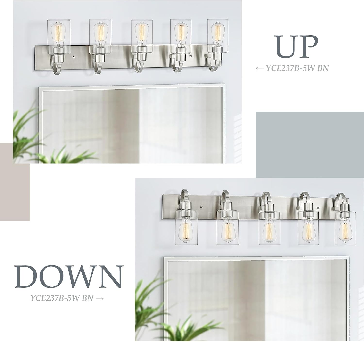 Emliviar 5-Light Bathroom Vanity Light Fixture, 37' Bath Wall Light Fixtures in Brushed Nickel Finish with Clear Glass, YCE237B-5W BN