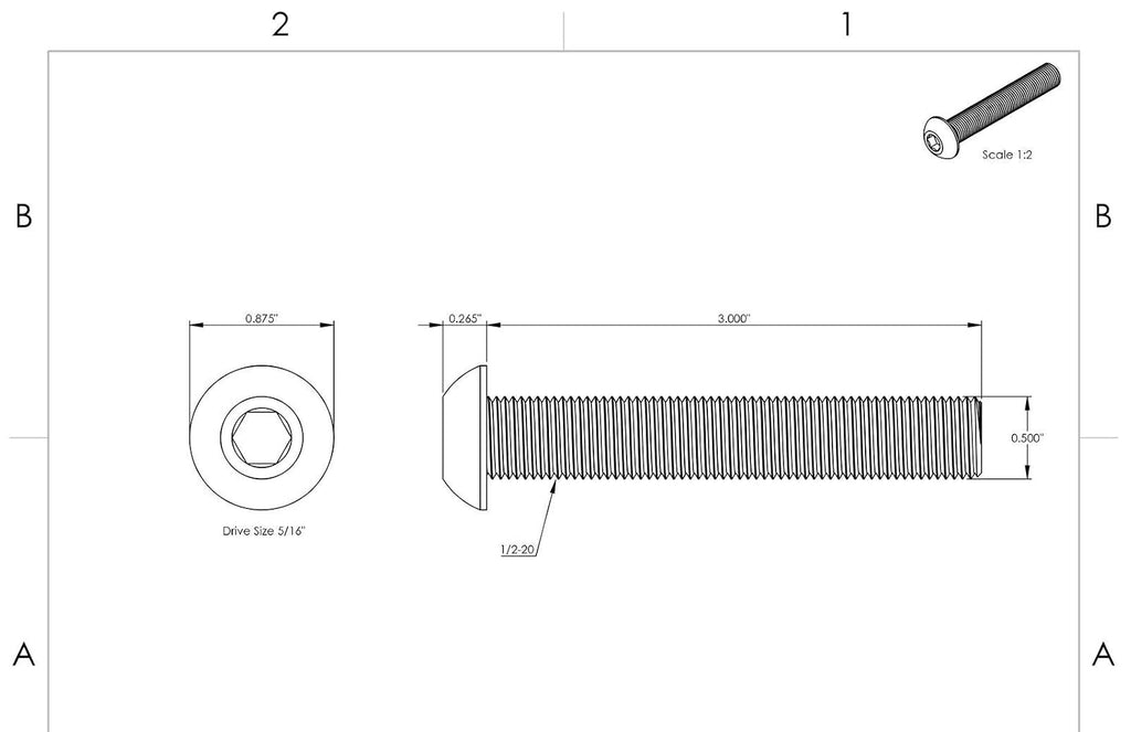 1/2-13 x 3' - Button Head Socket Cap Screws Black Oxide Alloy Steel Qty 25 Socket Head Screws B2B