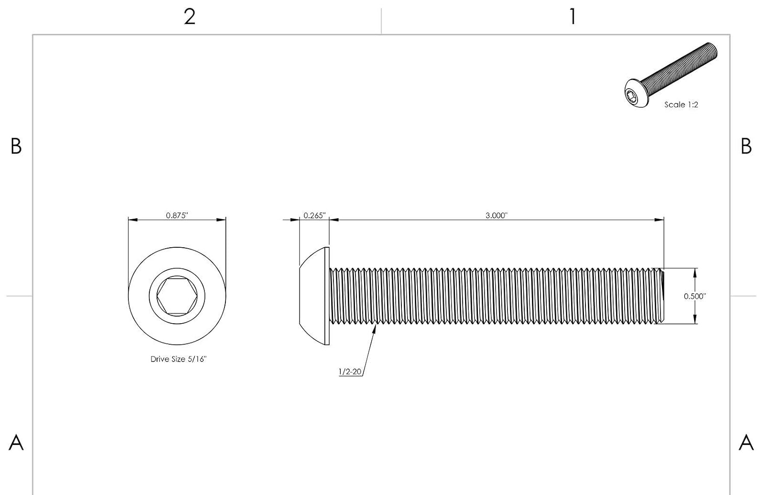 1/2-13 x 3' - Button Head Socket Cap Screws Black Oxide Alloy Steel Qty 25 Socket Head Screws B2B