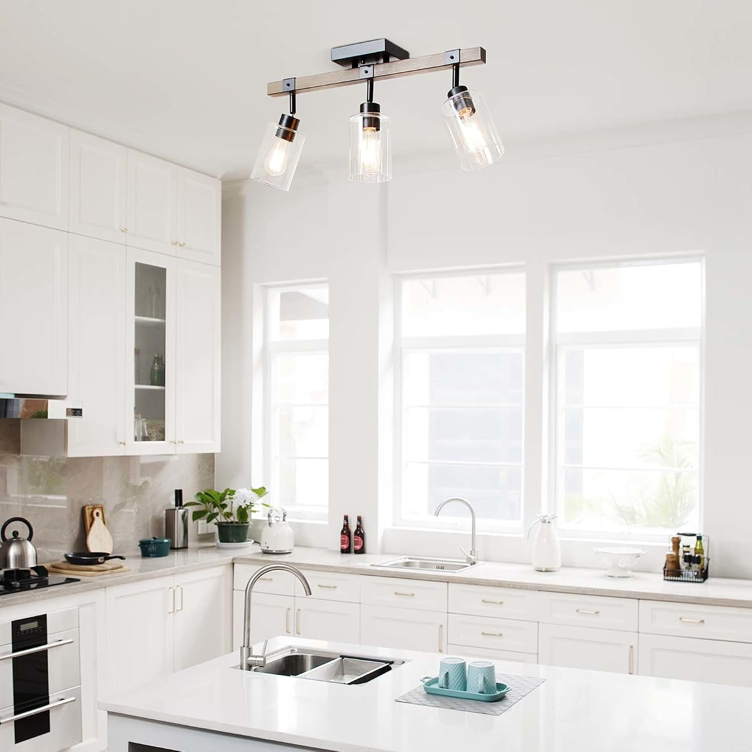 Globe Electric 57502 3-Light Track Lighting, Wood Toned, Matte Black Accents, Clear Glass Shades, Pivoting Heads, Modern Farmhouse, Ceiling Light for Kitchen Island and Dining Room Table