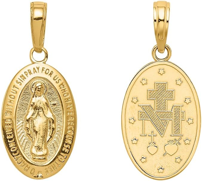 10K Yellow or White Gold Miraculous Medal Pendant (L- 0.95 Inch, W- 0.44 Inch)