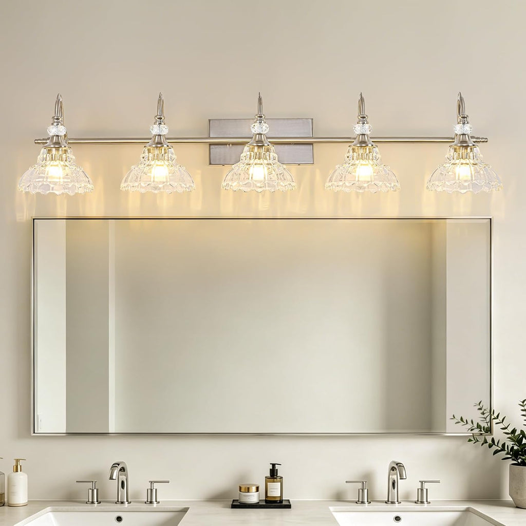 Brushed Nickel Bathroom Vanity Light, 5-Light Nickel Finish Wall Sconce with Hanging Crystal Accents and Flower-Shaped Clear Glass Shades, Modern Wall Mount Vanity Light Over Mirror for Bathroom