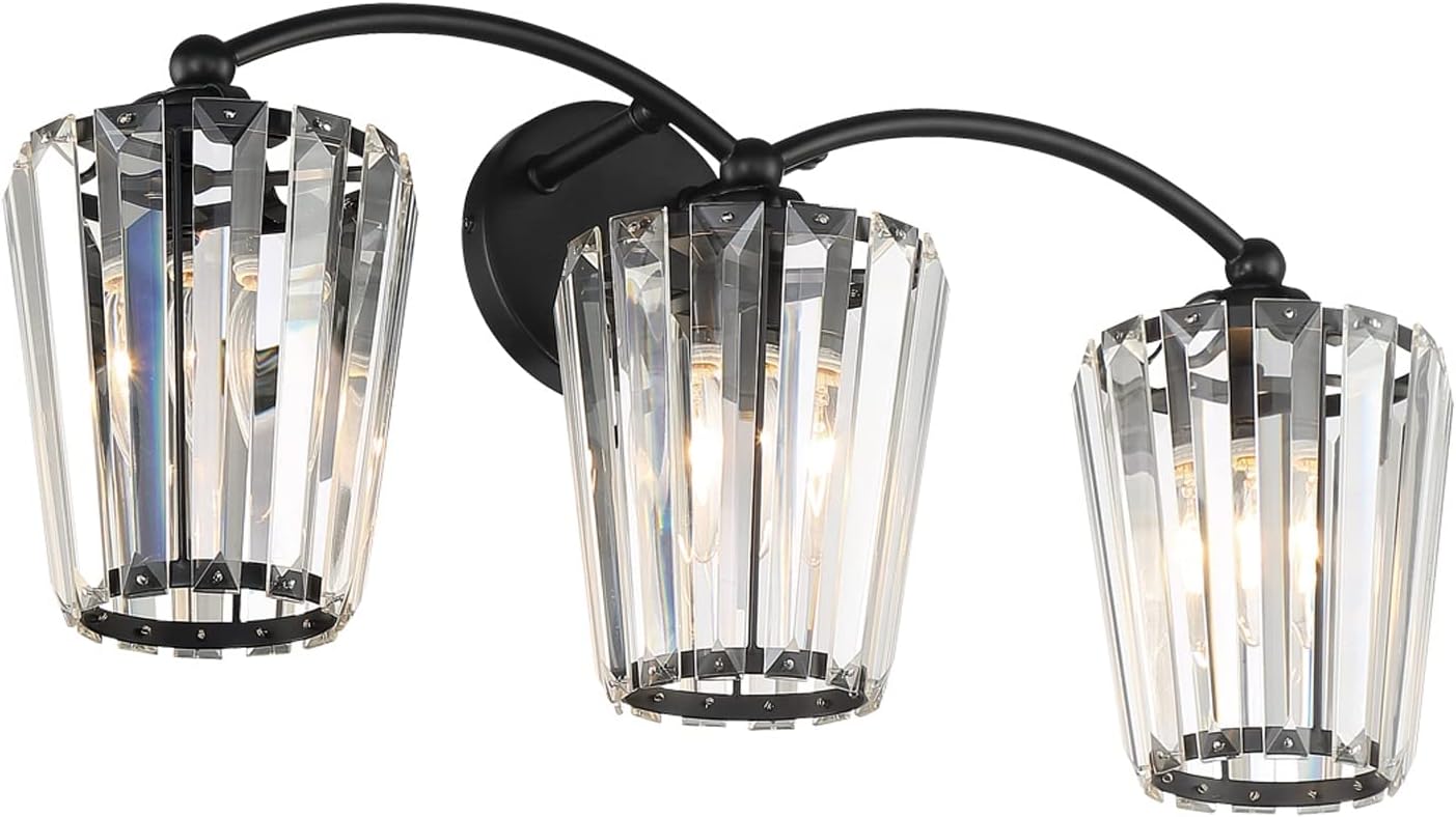 Aipsun Crystal Vanity Light Fixtures Modern Crystal Bathroom Light Fixtures Black Vanity Lights for Bathroom E26 Base (Exclude Bulb)