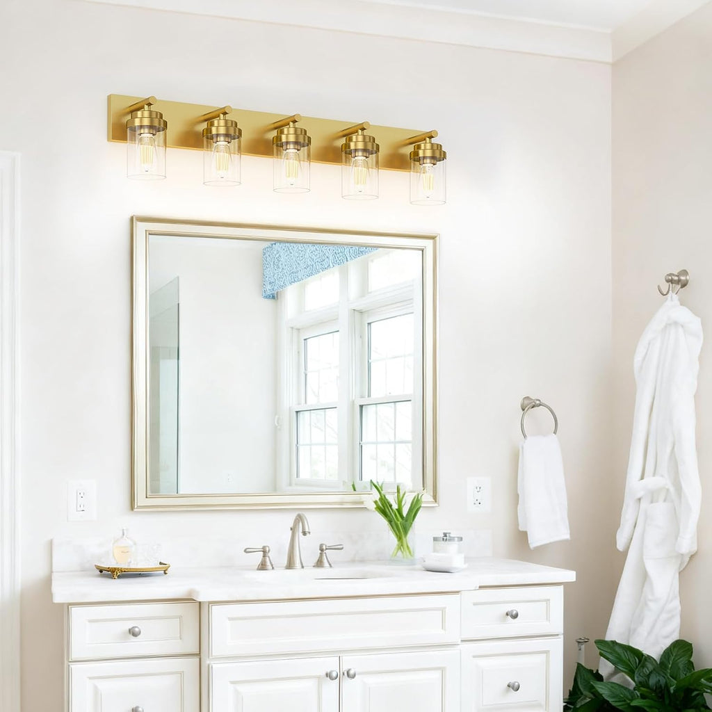 IZORRO Bathroom Vanity Light Fixture, 5-Light 36 Inch Gold Bathroom Light Fixtures Over Mirror, with Clear Glass Shade, Modern Farmhouse Vanity Lights, Rustic Restroom Lighting Fixtures