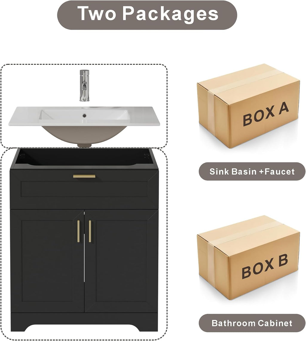 KIGOTY 30' Modern Bathroom Vanity with Ceramic Sink, Wooden Bathroom Storage Cabinet and Sink Combo Set, Freestanding Vanity Sink Cabinet with Faucet, Drawer and Soft-Closing Door (Black)
