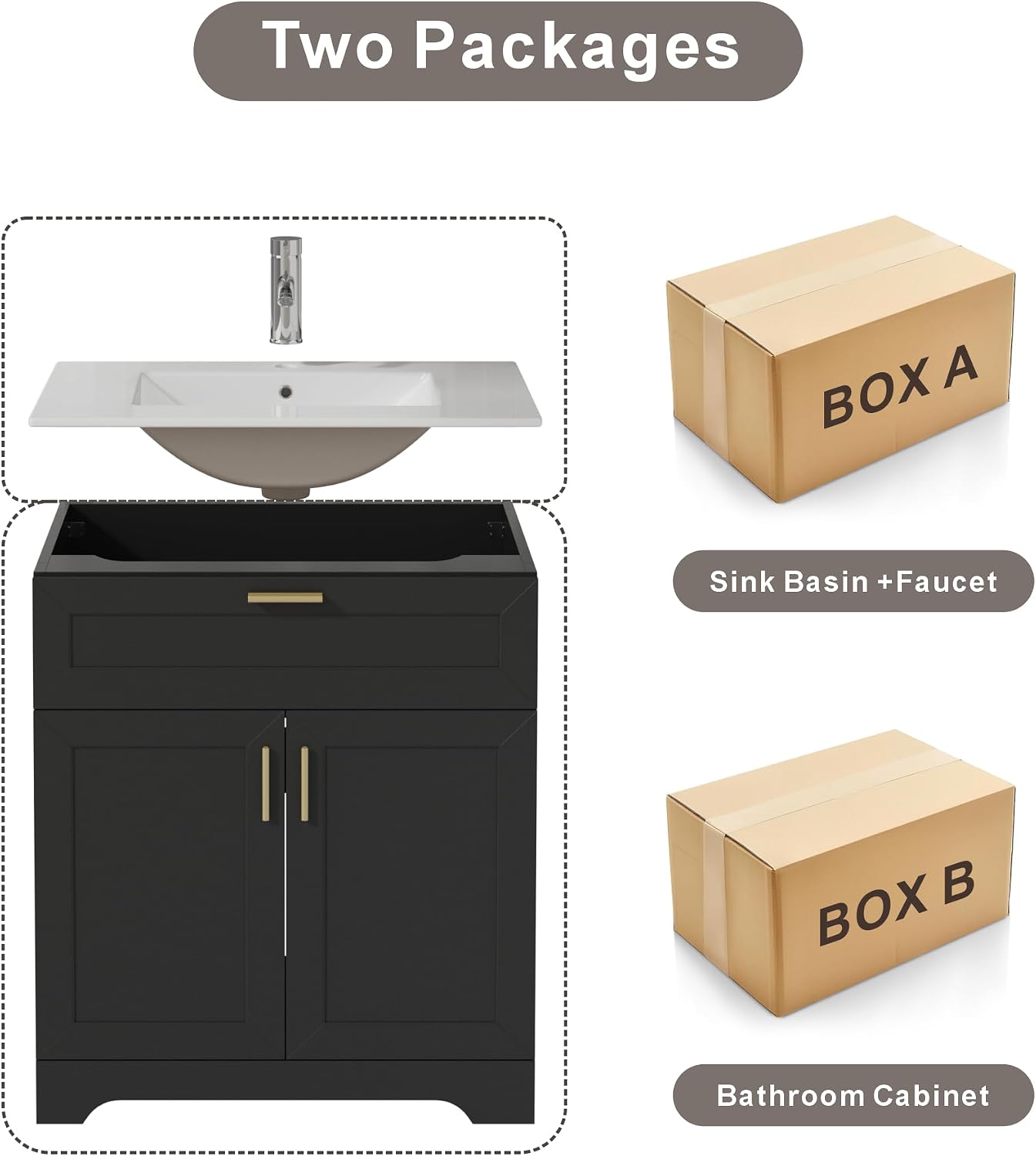 KIGOTY 30' Modern Bathroom Vanity with Ceramic Sink, Wooden Bathroom Storage Cabinet and Sink Combo Set, Freestanding Vanity Sink Cabinet with Faucet, Drawer and Soft-Closing Door (Black)