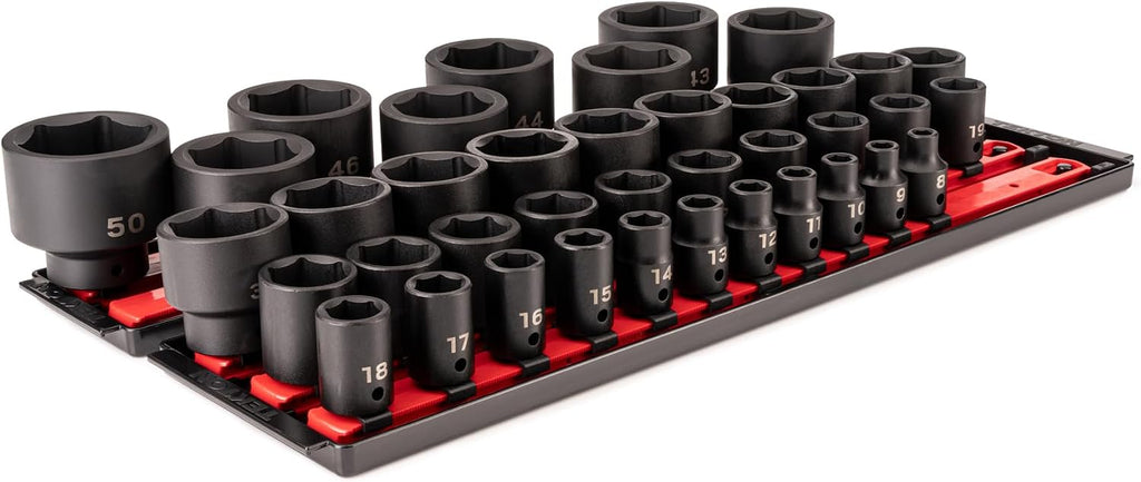 TEKTON 1/2 Inch Drive Shallow 6-Point Impact Socket Set with Rails and Tray, 39-Piece (8-50 mm) | SID92112