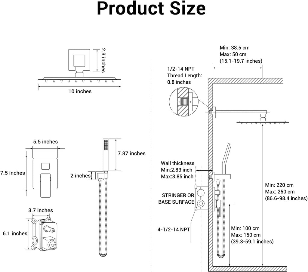 10' Square Rain Shower Faucet Set, Wall Mount, Brush Gold | 304 SS , air tech boosts pressure 50%, dual spray, anti-fingerprint