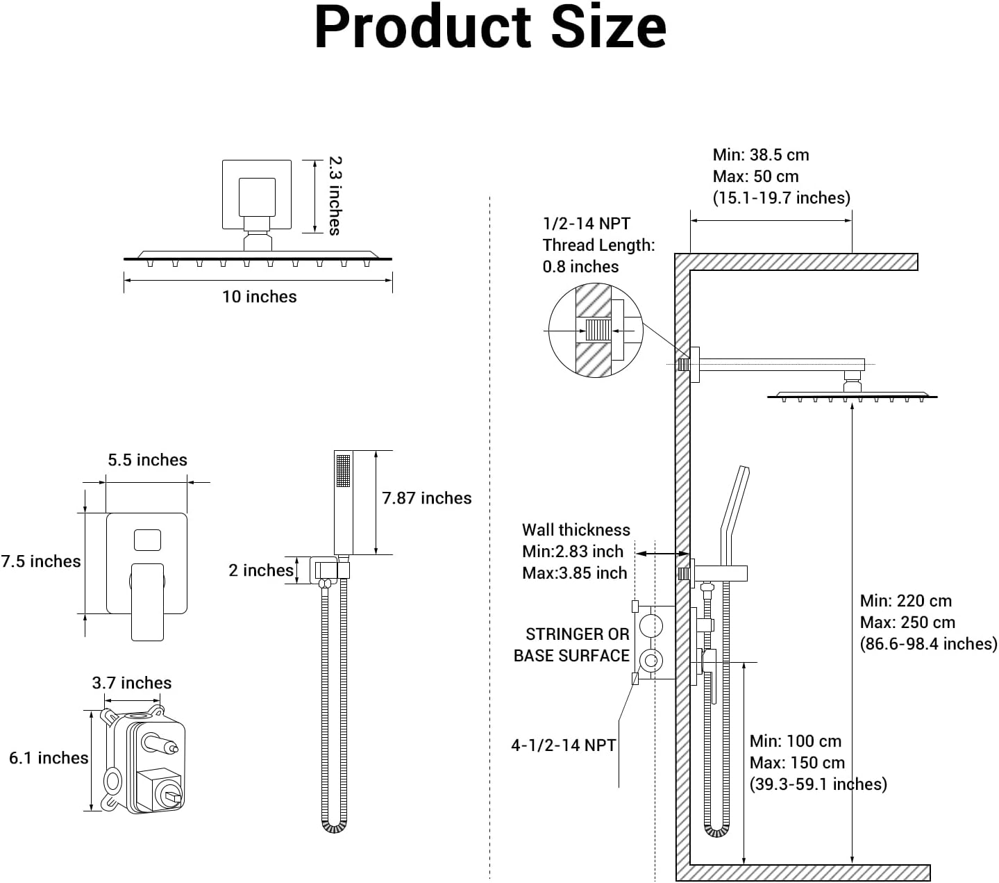 10' Square Rain Shower Faucet Set, Wall Mount, Brush Gold | 304 SS , air tech boosts pressure 50%, dual spray, anti-fingerprint