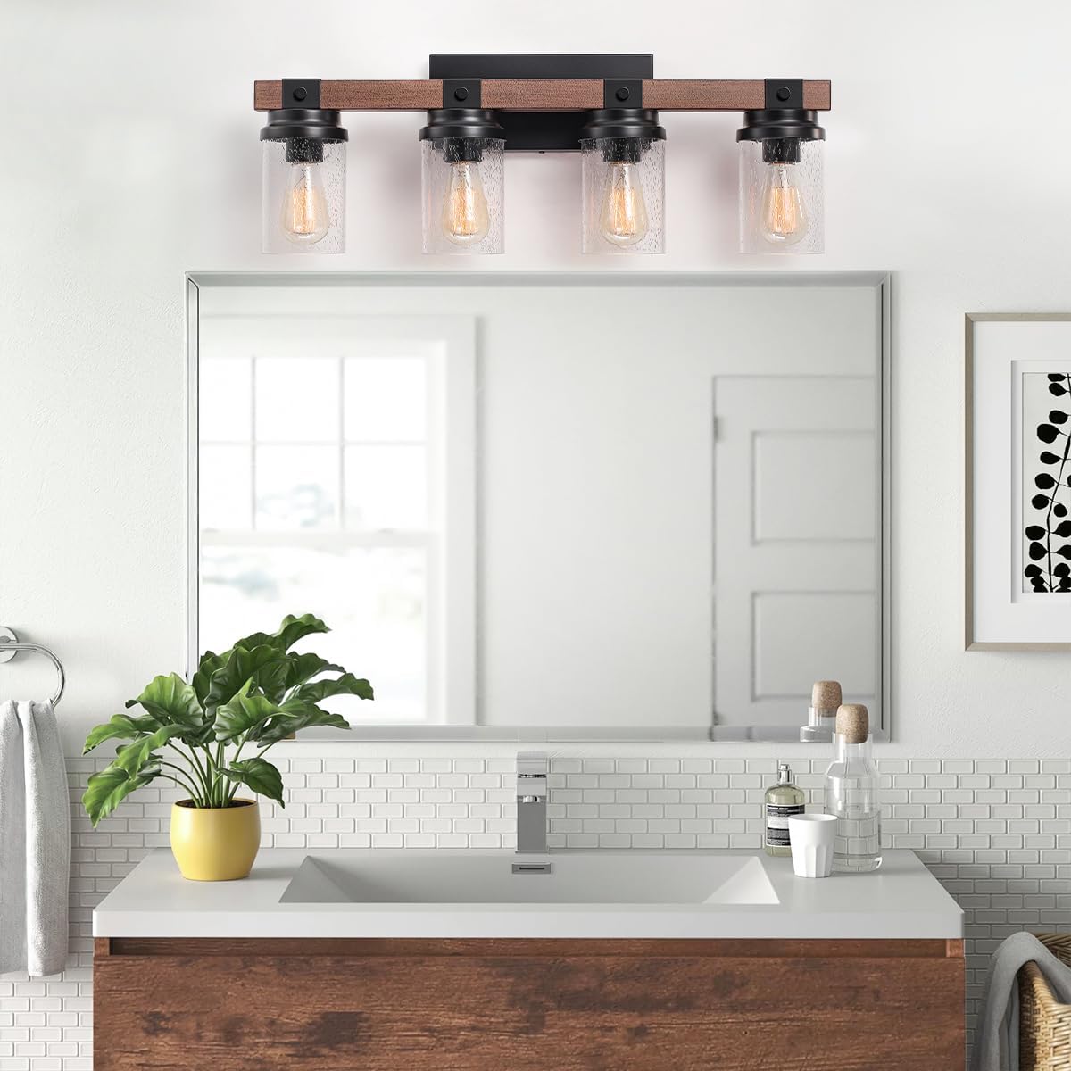 4-Lights Farmhouse Bathroom Vanity Light, Rustic Wood Bathroom Light Fixtures Over Mirror Antique Black Vanity Light with Clear Glass Shade, Farmhouse Wall Sconces Lighting