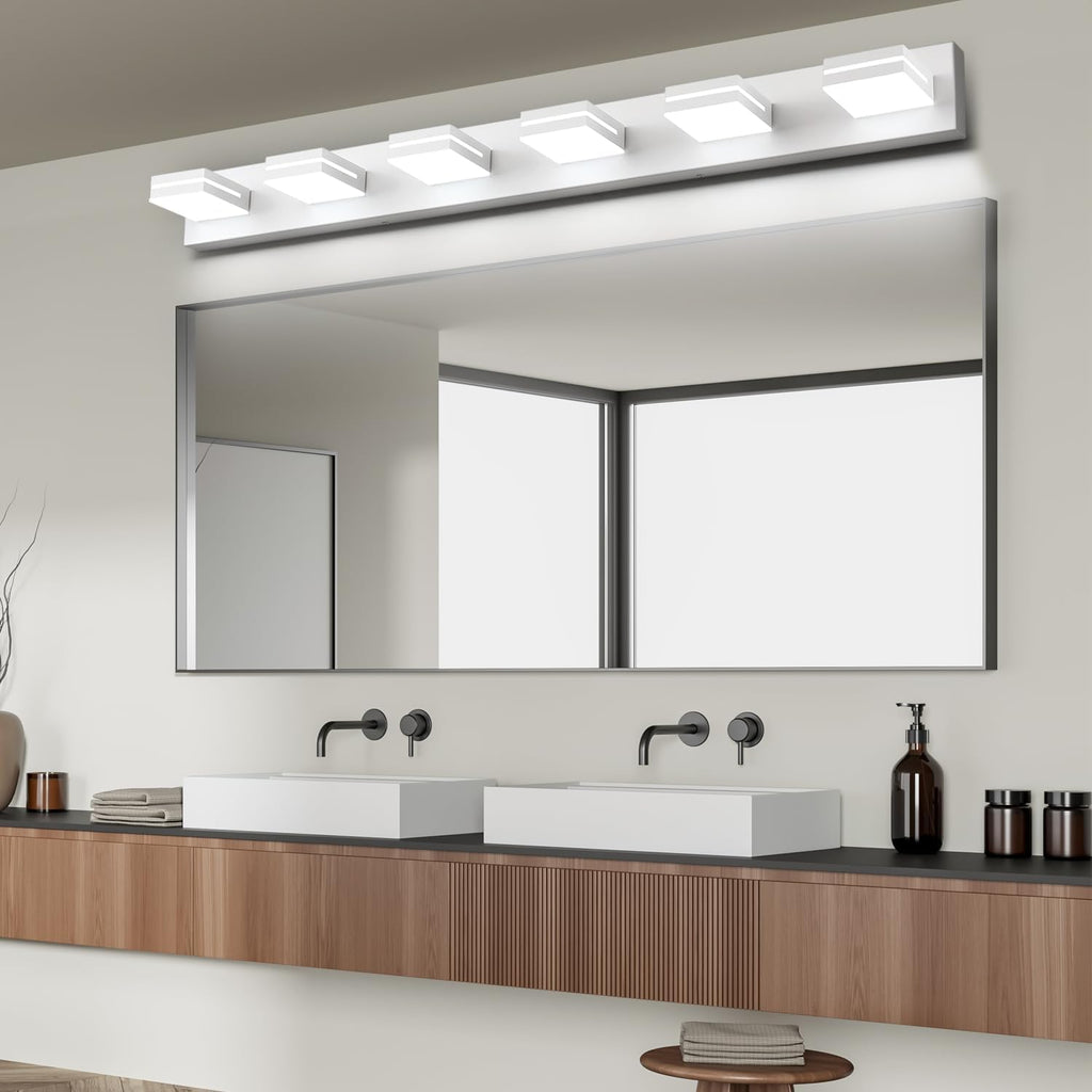 SineRise LED Modern Bathroom Vanity Light Fixtures (6-Light, 48-Inch, Dimmable), Matte White Modern Acrylic Bathroom Wall Lighting Fixtures Over Mirror (Cool White 6000K)
