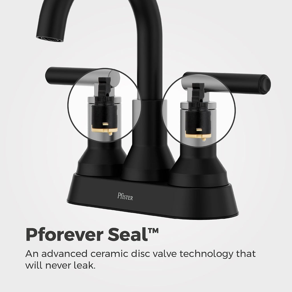 Pfister Capistrano 4 in Centerset 3-Hole Matte Black Bathroom Sink Faucet with 2-Handle Push & Seal Drain Technology WaterSense NSF Certified Vanity Faucet LF048CSOSDB