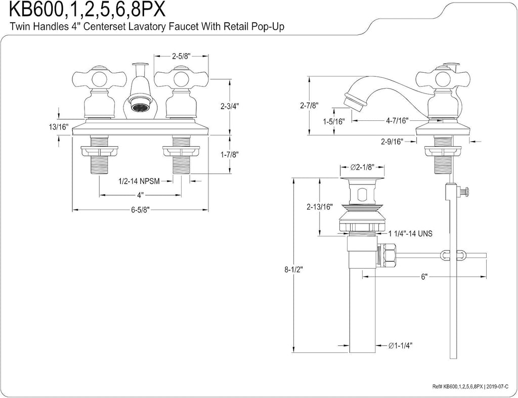 Kingston Brass KB600PX Restoration 4' Centerset Bathroom Faucet, Matte Black, 6.63 x 4.5 x 2.88