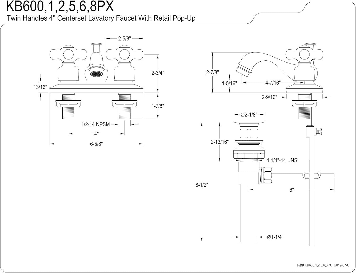 Kingston Brass KB600PX Restoration 4' Centerset Bathroom Faucet, Matte Black, 6.63 x 4.5 x 2.88