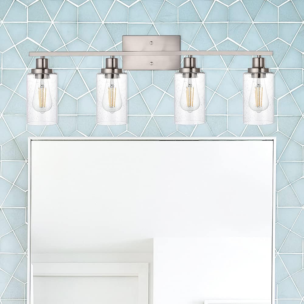 4-Lights Modern Vanity Light Fixtures for Bathroom Over Mirror, Farmhouse 31-Inches Length Seeded Glass Bath Wall Sconce Lighting in Brushed Nickel