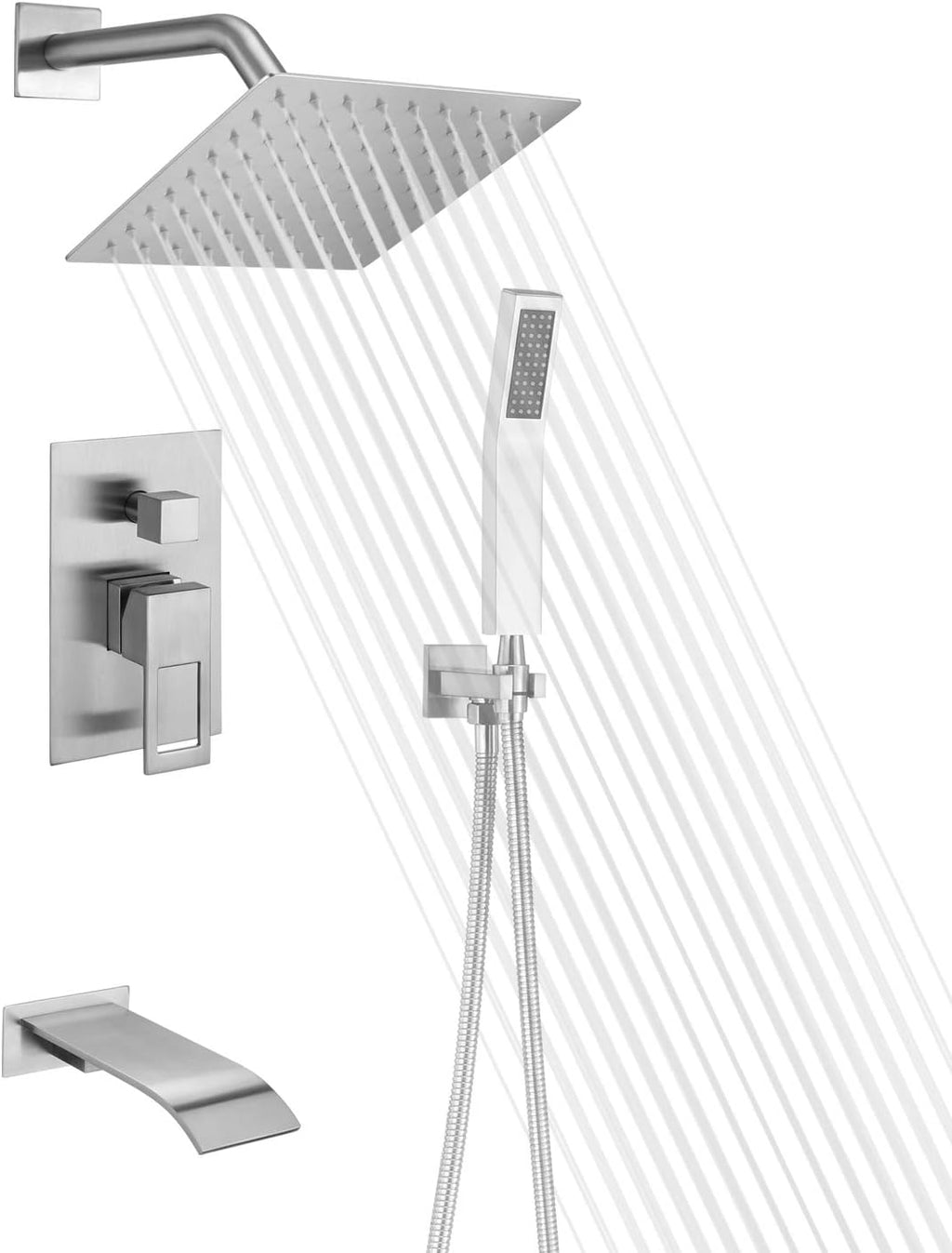 SUMERAIN Brushed Nickel Pressure Balanced Shower System with Waterfall Tub Spout, Tub Shower Faucet