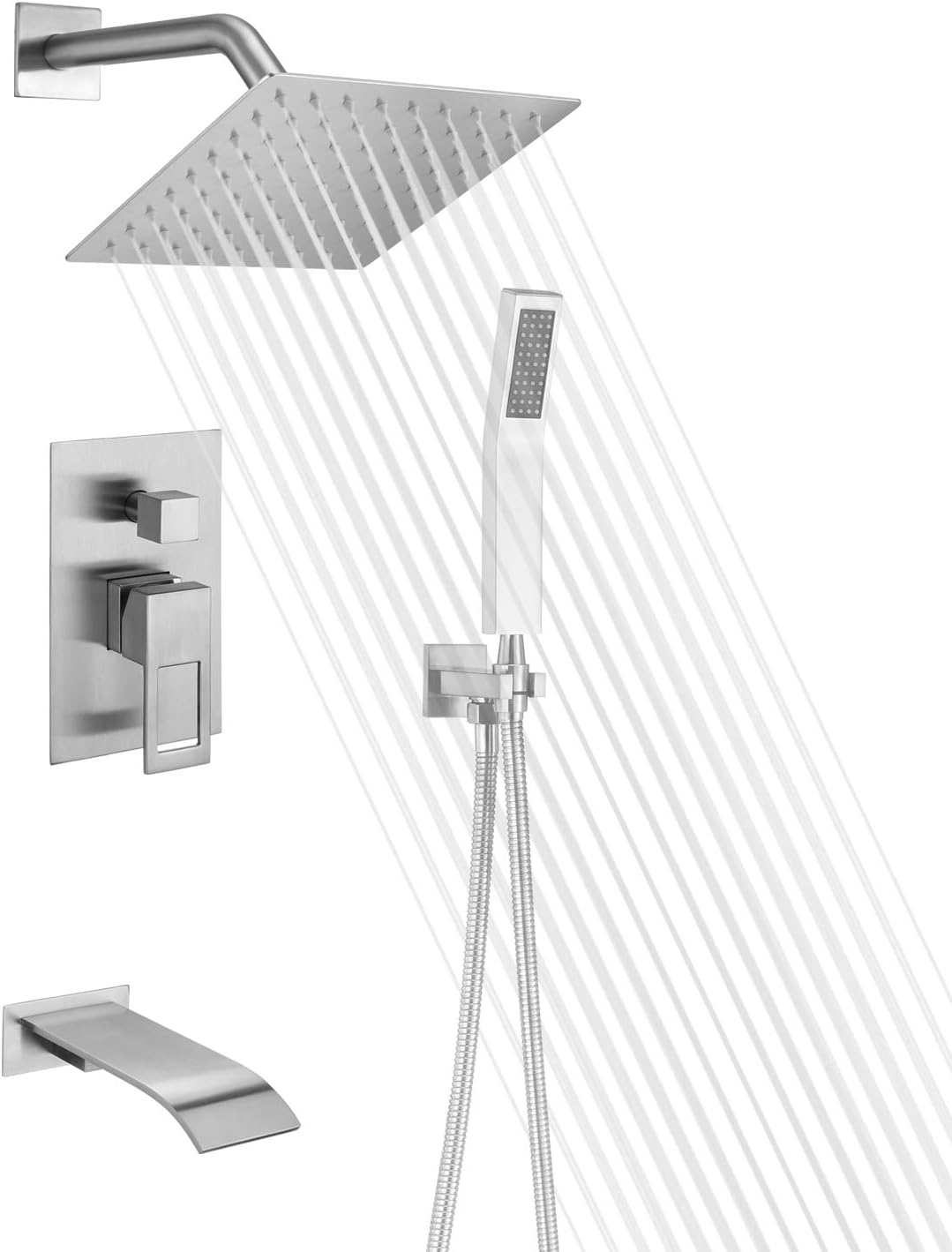 SUMERAIN Brushed Nickel Pressure Balanced Shower System with Waterfall Tub Spout, Tub Shower Faucet