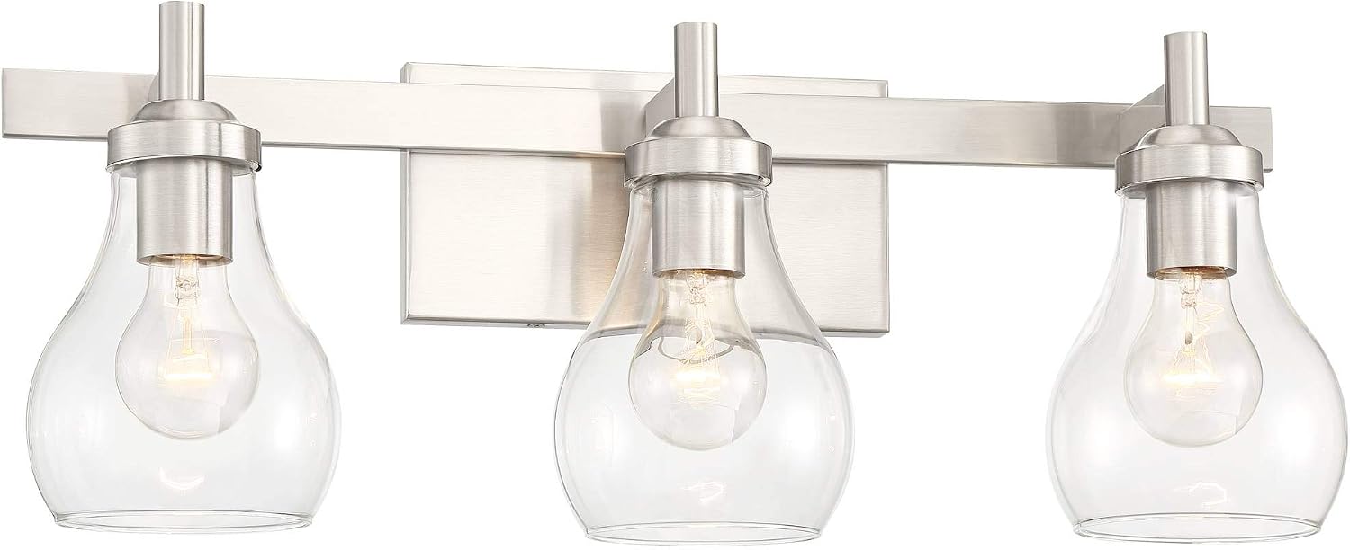 Possini Euro Design Danvers Modern Wall Mount Light Brushed Nickel Silver Hardwired 21' Wide 3-Light Fixture Clear Glass Globe Shade for Bathroom Vanity Mirror House Home Room Decor