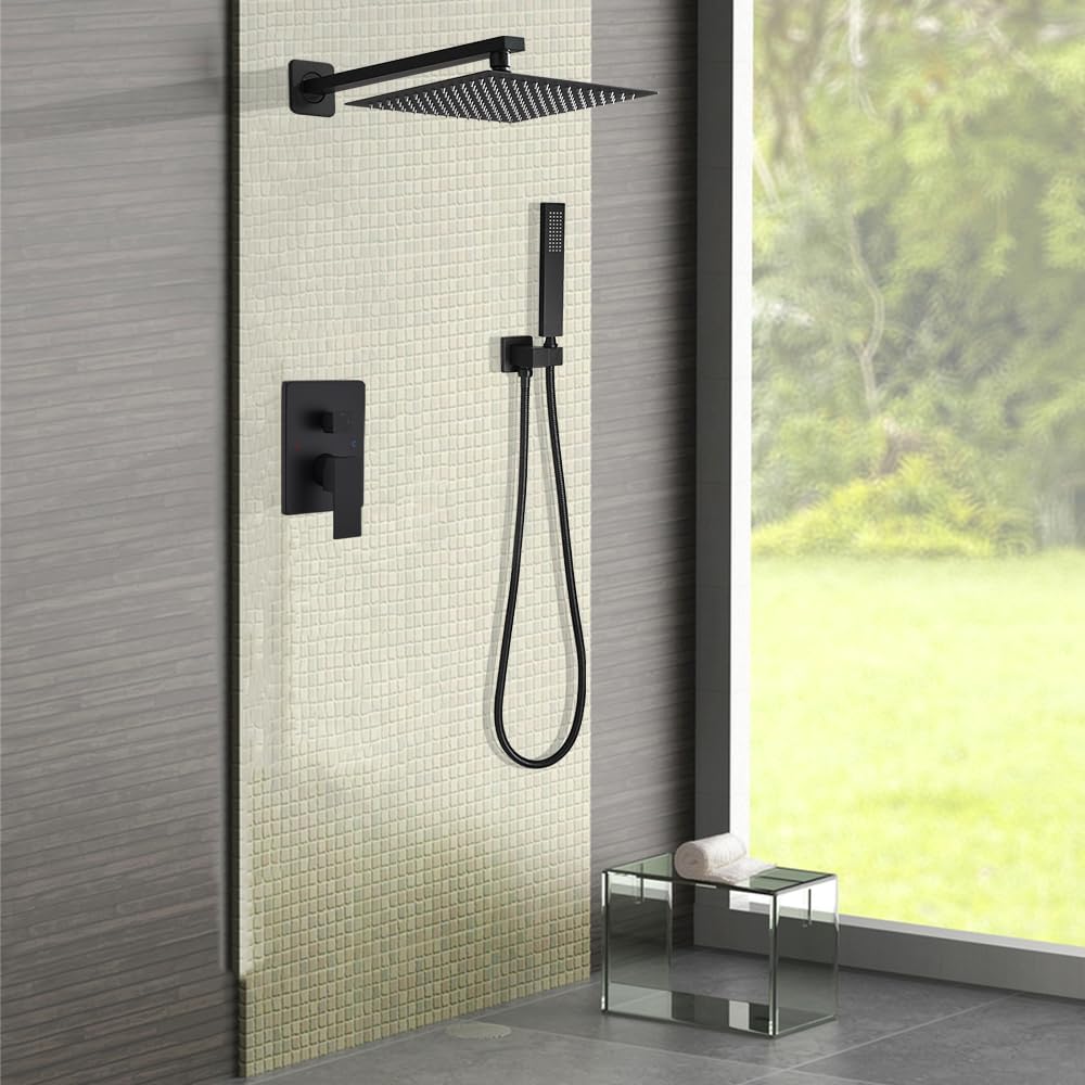 Matte Black Shower System 12 Inch Bathroom Luxury Rain Mixer Shower Combo Set Wall Mounted Rainfall Shower Head and Handheld System Shower Faucet Set Rough-in Valve Body and Trim Kit
