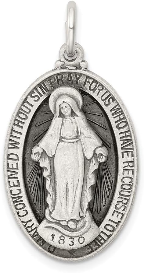 925 Sterling Silver Antiqued Miraculous Medal Pendant (L- 1.19 Inch, W- 0.63 Inch)