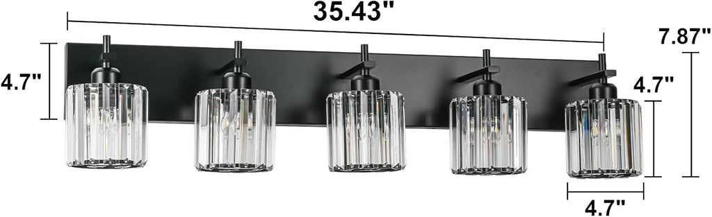 Black Crystal Bathroom Vanity Lights, Modern 5-Lights Bathroom Lighting Fixtures Over Mirror, Crystal Wall Lighting with Round Shade