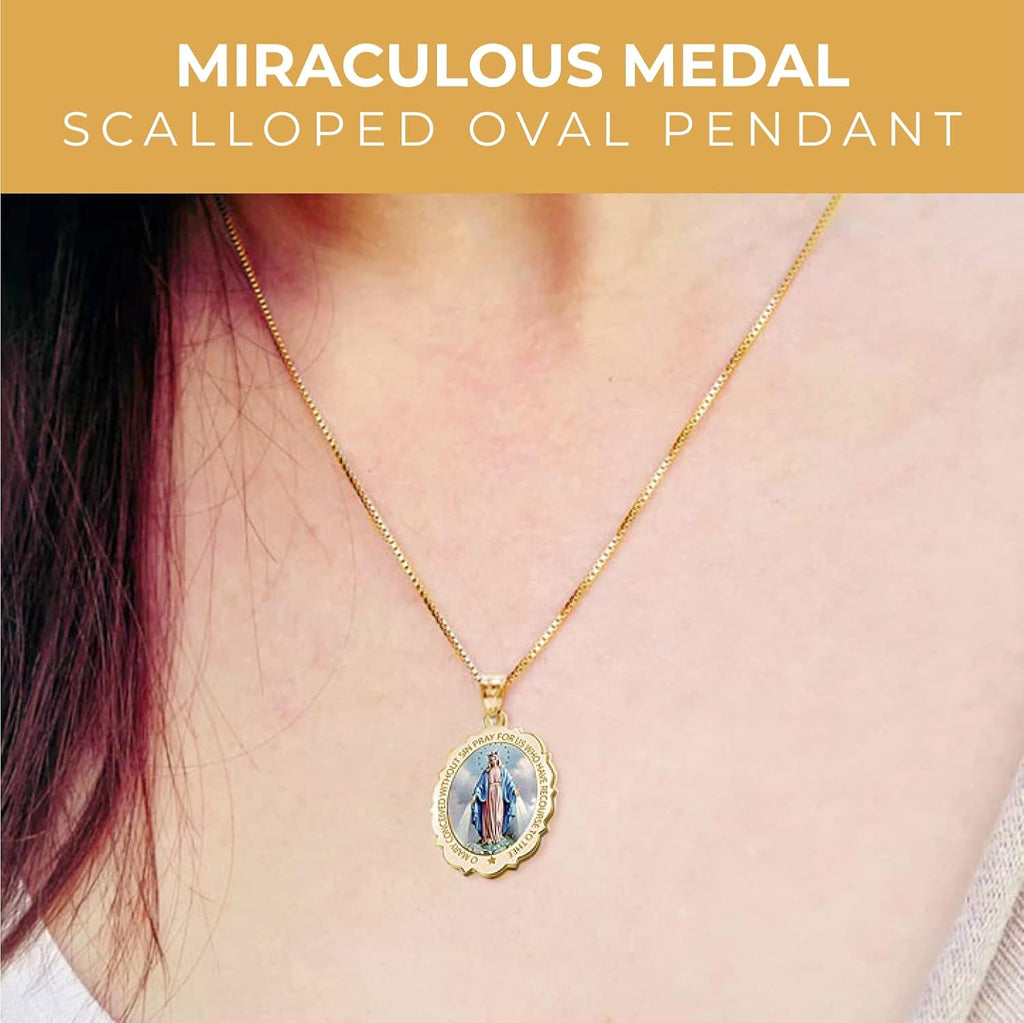PicturesOnGold.com Miraculous Medal Necklace Catholic Virgin Mary Pendant Oval Pendants for Women & Men Crafted in 10K/14K Yellow or White Gold & Sterling Silver Christian Gifts for Men & Women or First Communion Gifts for Boys or Girls